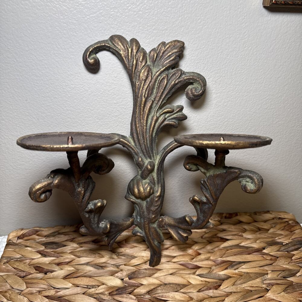 Vintage Cast Iron Double Candle Wall Sconce Acanthus Leaf Spanish Revival Decor